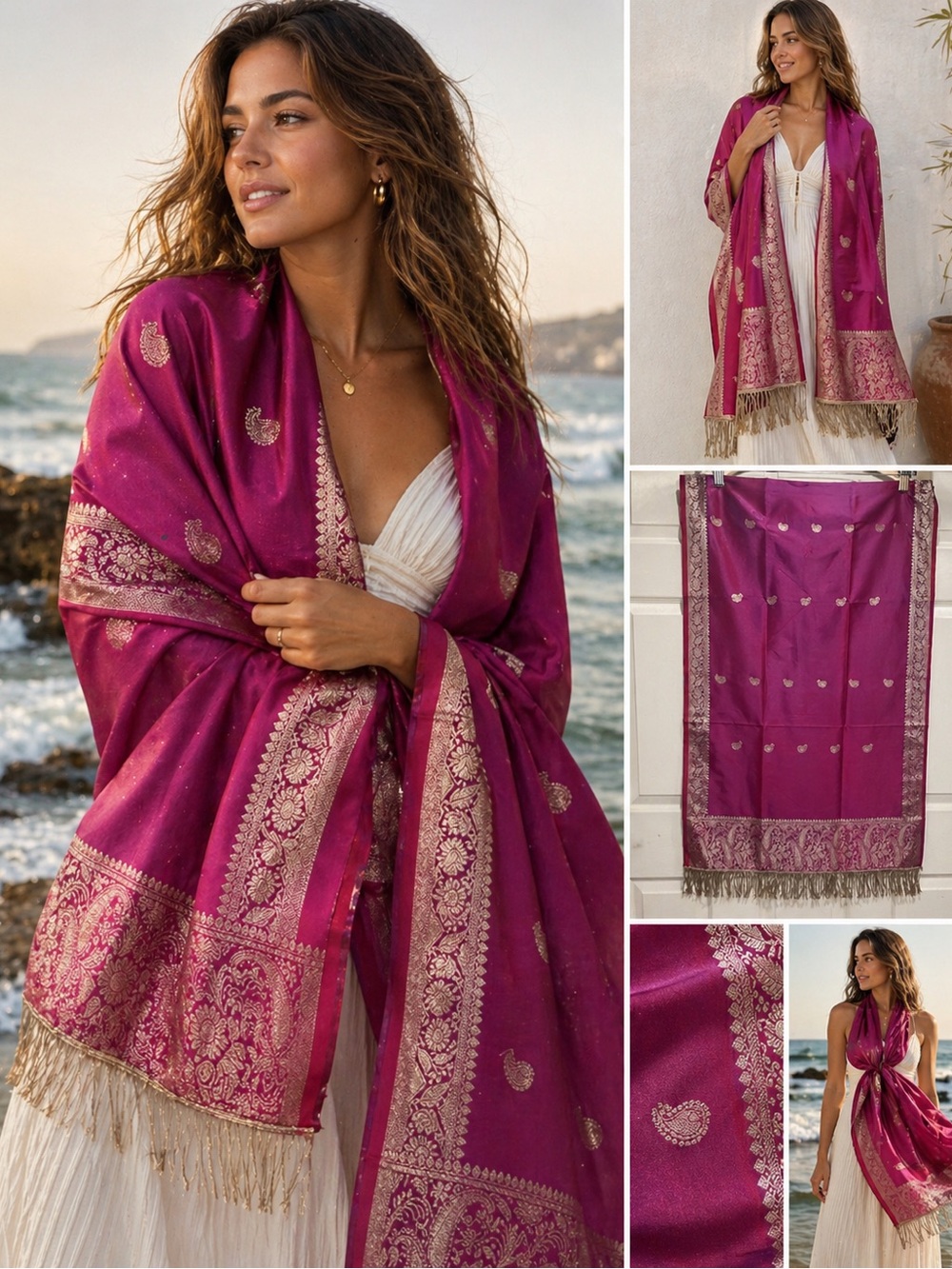 Silk Blend Magenta Shawl w Gold Paisley Border Fringe